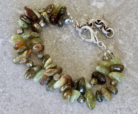Green Garnet Nugget 2-Strand Bracelet with Czech Glass and a Silver Lobster Clasp