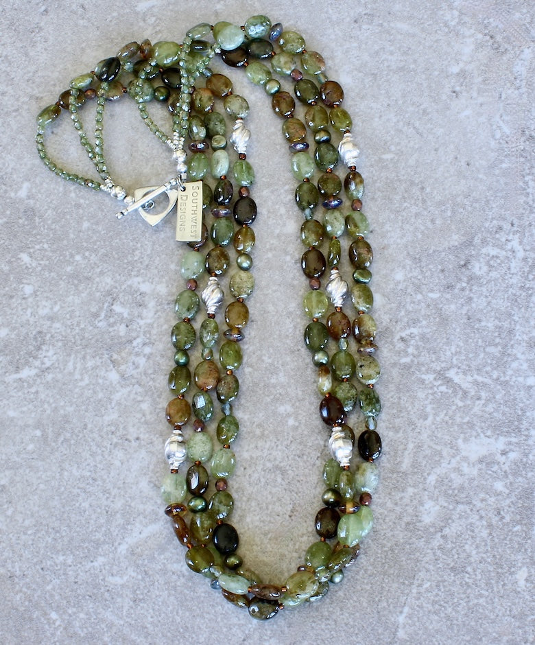 Green Garnet Ovals 3-Strand Necklace with Czech Glass and Sterling Silver Fluted Urn Beads and Toggle Clasp