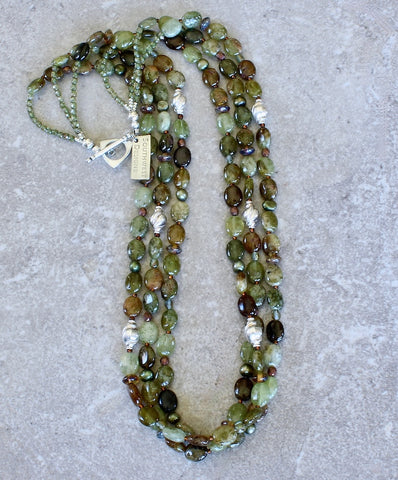 Green Garnet Ovals 3-Strand Necklace with Czech Glass and Sterling Silver Fluted Urn Beads and Toggle Clasp