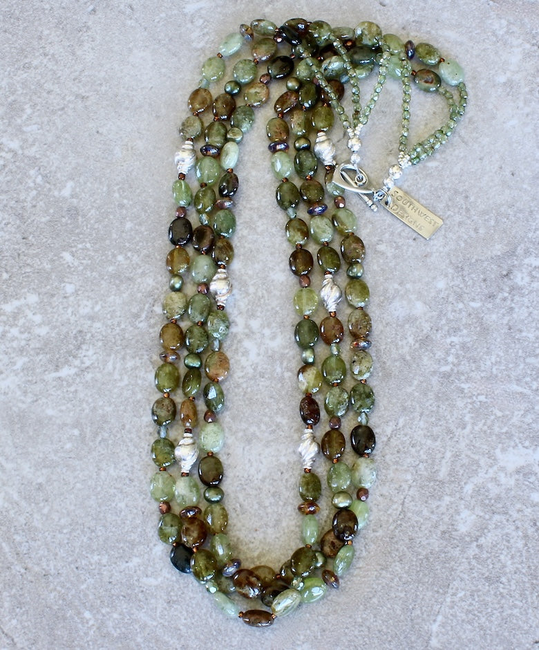 Green Garnet Ovals 3-Strand Necklace with Czech Glass and Sterling Silver Fluted Urn Beads and Toggle Clasp