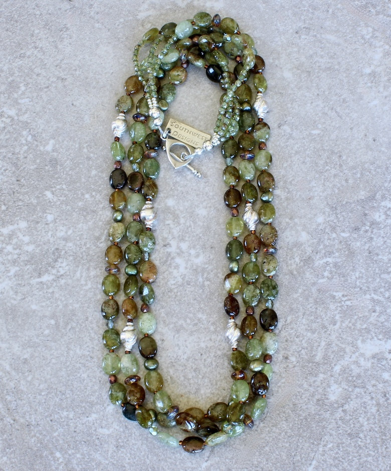 Green Garnet Ovals 3-Strand Necklace with Czech Glass and Sterling Silver Fluted Urn Beads and Toggle Clasp