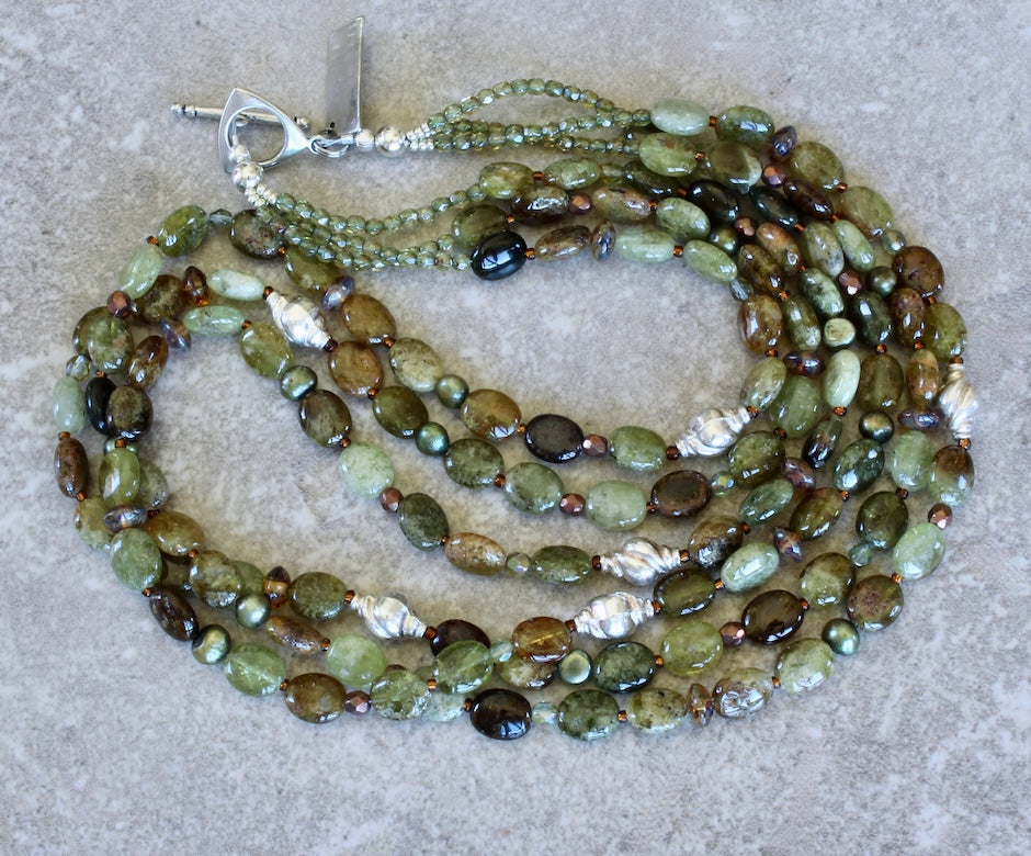 Green Garnet Ovals 3-Strand Necklace with Czech Glass and Sterling Silver Fluted Urn Beads and Toggle Clasp