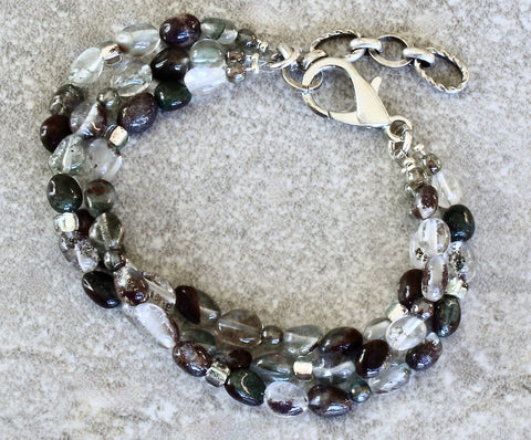 Green Lodolite Quartz 3-Strand Bracelet with Czech Glass and a Silver Lobster Clasp and Extension Chain