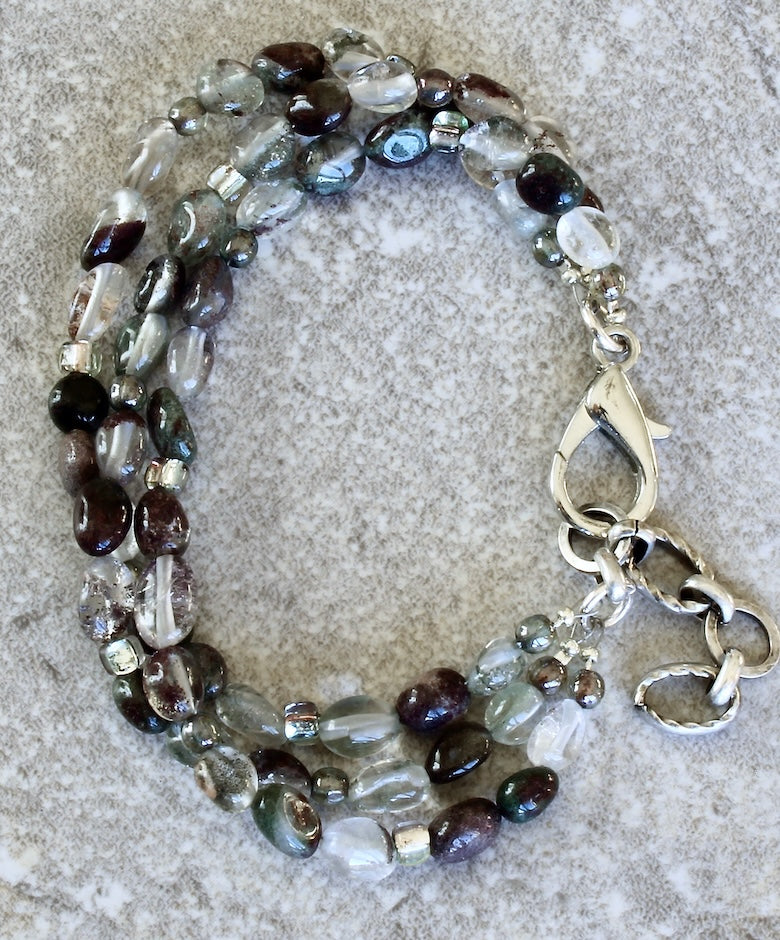 Green Lodolite Quartz 3-Strand Bracelet with Czech Glass and a Silver Lobster Clasp and Extension Chain