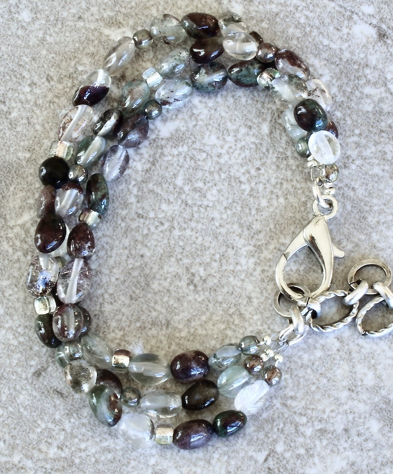 Green Lodolite Quartz 3-Strand Bracelet with Czech Glass and a Silver Lobster Clasp and Extension Chain