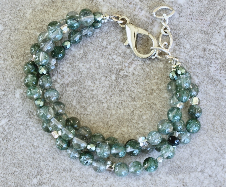 Green Rutilated Quartz Rounds 3-Strand Bracelet with Czech Glass and Sterling Silver
