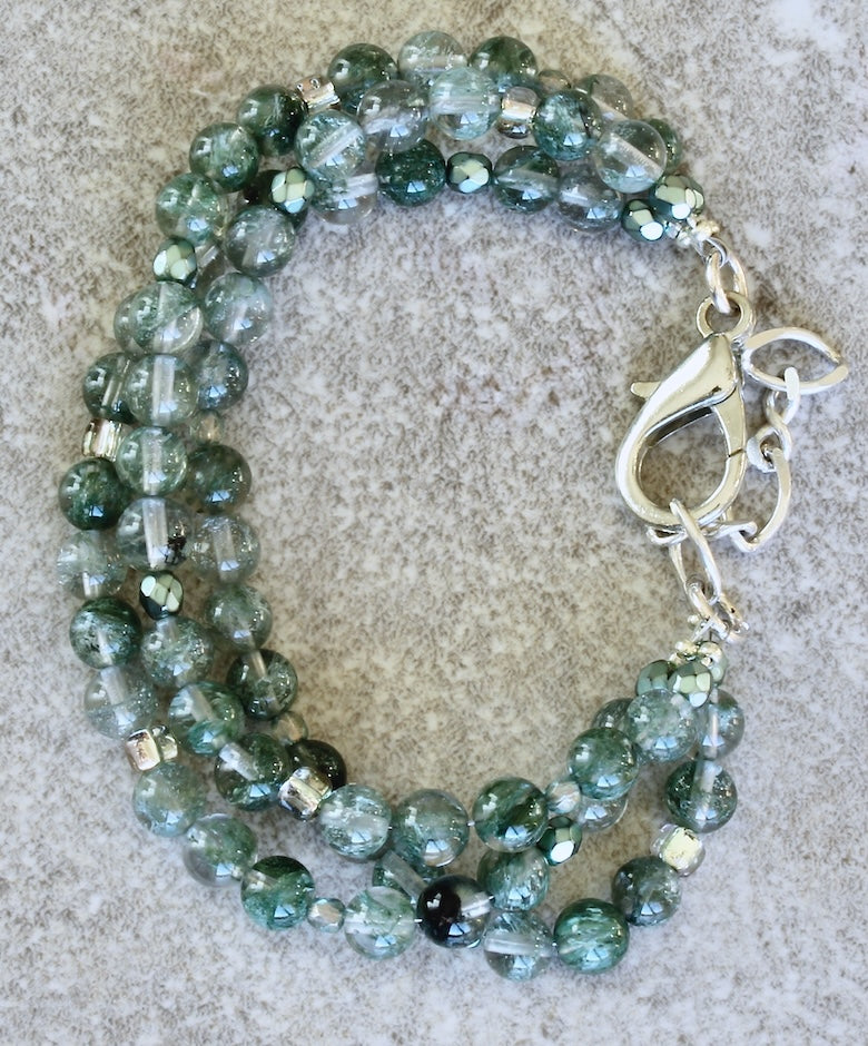 Green Rutilated Quartz Rounds 3-Strand Bracelet with Czech Glass and Sterling Silver
