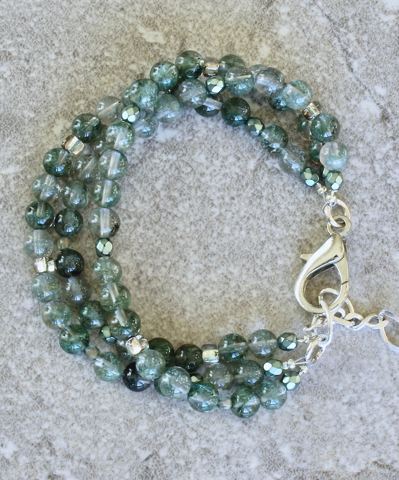 Green Rutilated Quartz Rounds 3-Strand Bracelet with Czech Glass and Sterling Silver