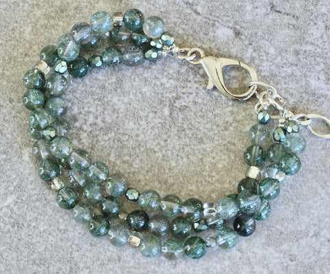Green Rutilated Quartz Rounds 3-Strand Bracelet with Czech Glass and Sterling Silver