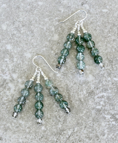 Green Rutilated Quartz 3-Dangle Earrings with Fire Polished Glass and Sterling Silver