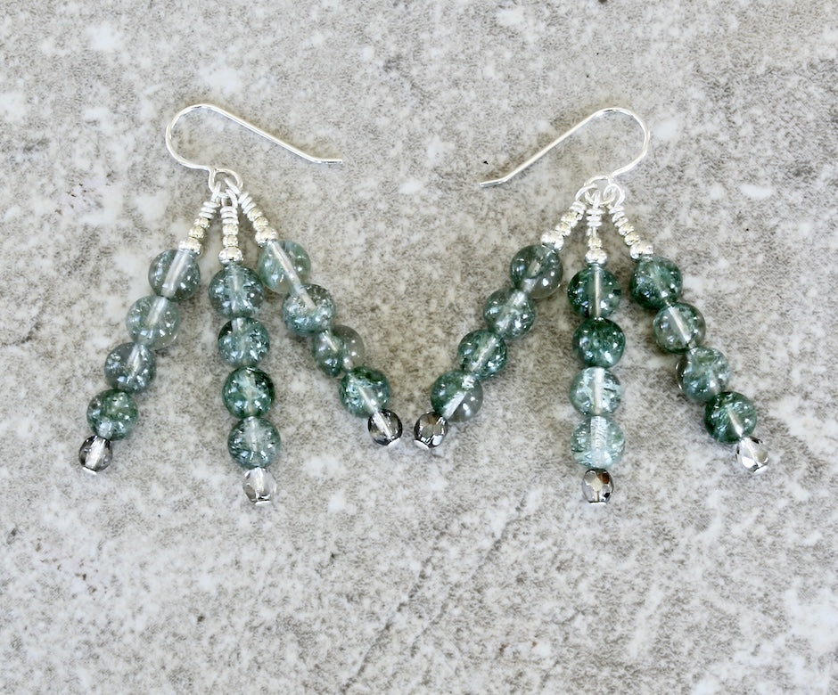 Green Rutilated Quartz 3-Dangle Earrings with Fire Polished Glass and Sterling Silver