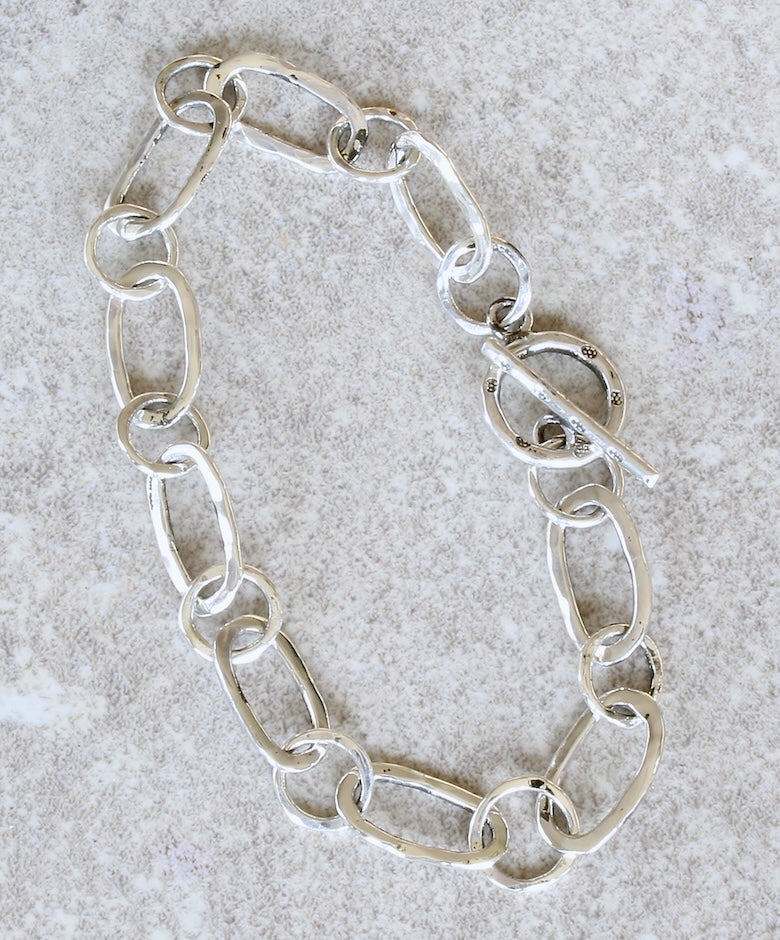 19-Piece Hammered Sterling Silver Link Bracelet with a Sterling Silver Toggle Clasp