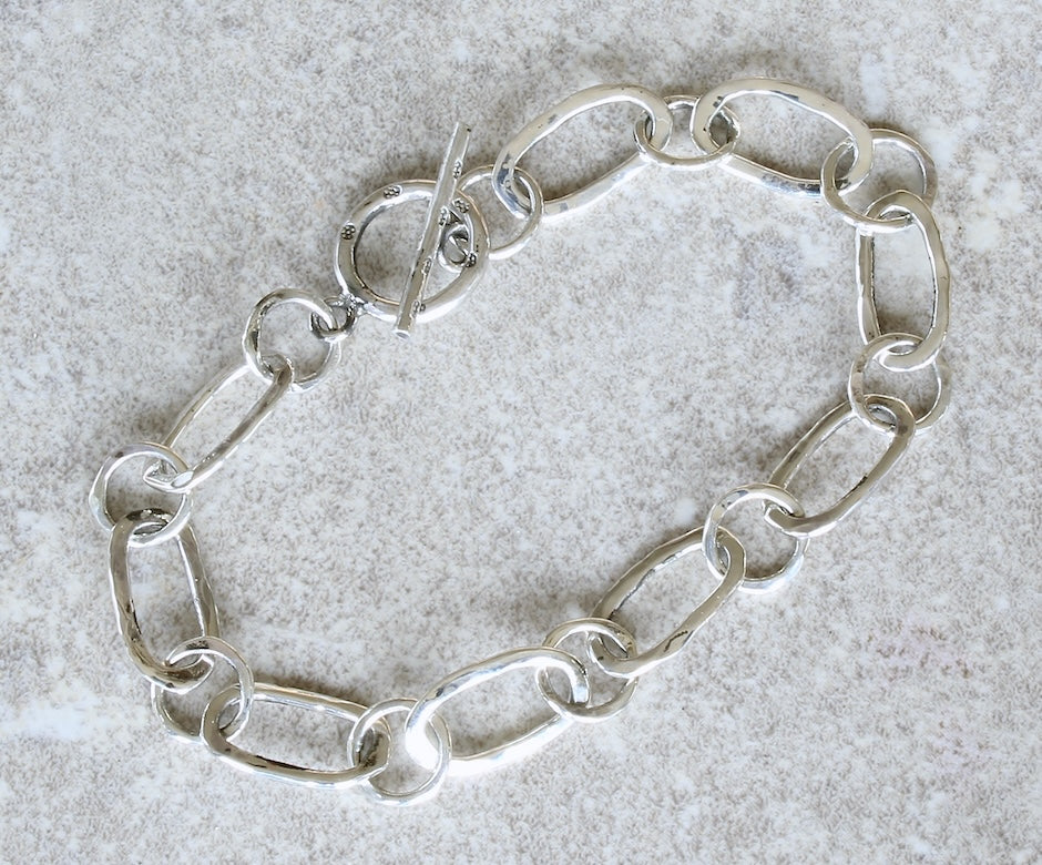 19-Piece Hammered Sterling Silver Link Bracelet with a Sterling Silver Toggle Clasp