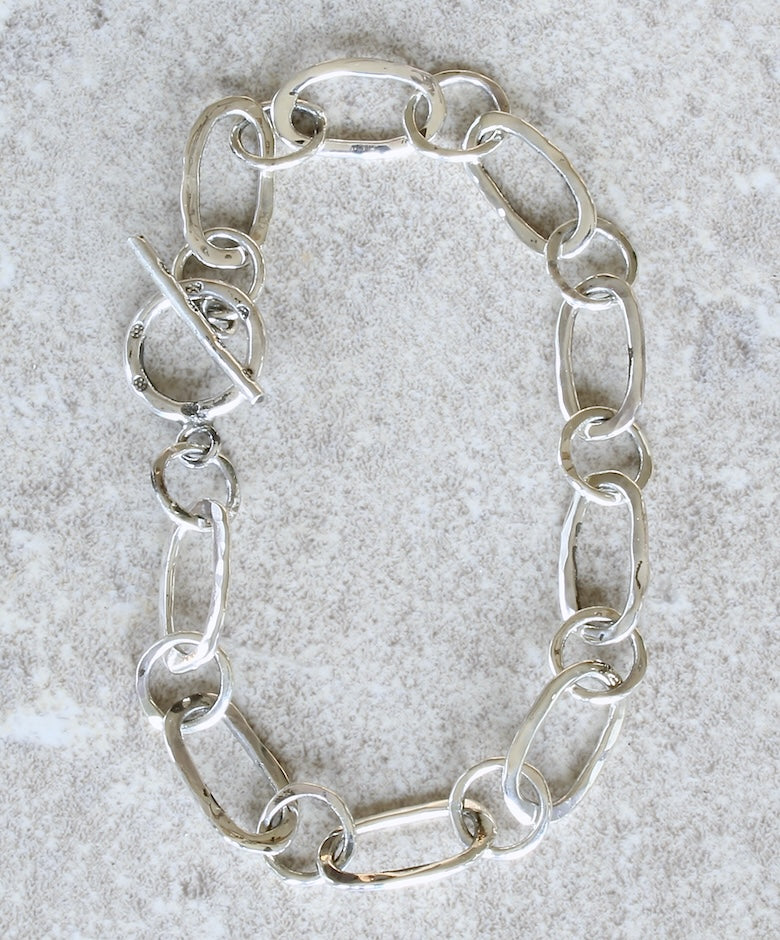 19-Piece Hammered Sterling Silver Link Bracelet with a Sterling Silver Toggle Clasp