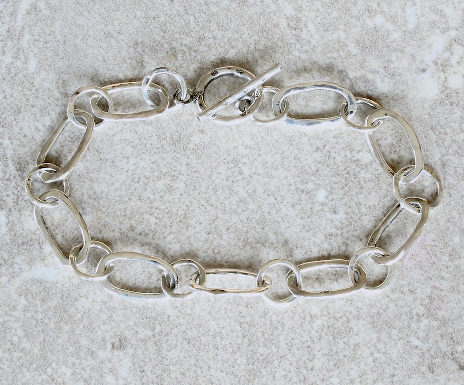 19-Piece Hammered Sterling Silver Link Bracelet with a Sterling Silver Toggle Clasp