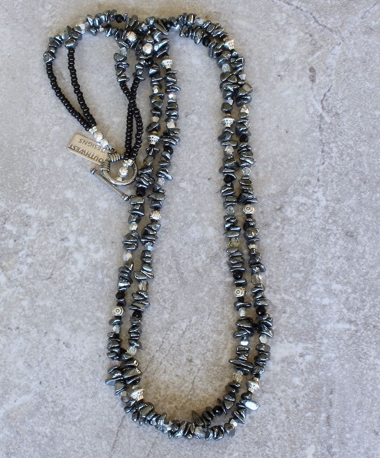 Hematite Polished Chip 2-Strand Necklace with Czech Glass and Sterling Silver