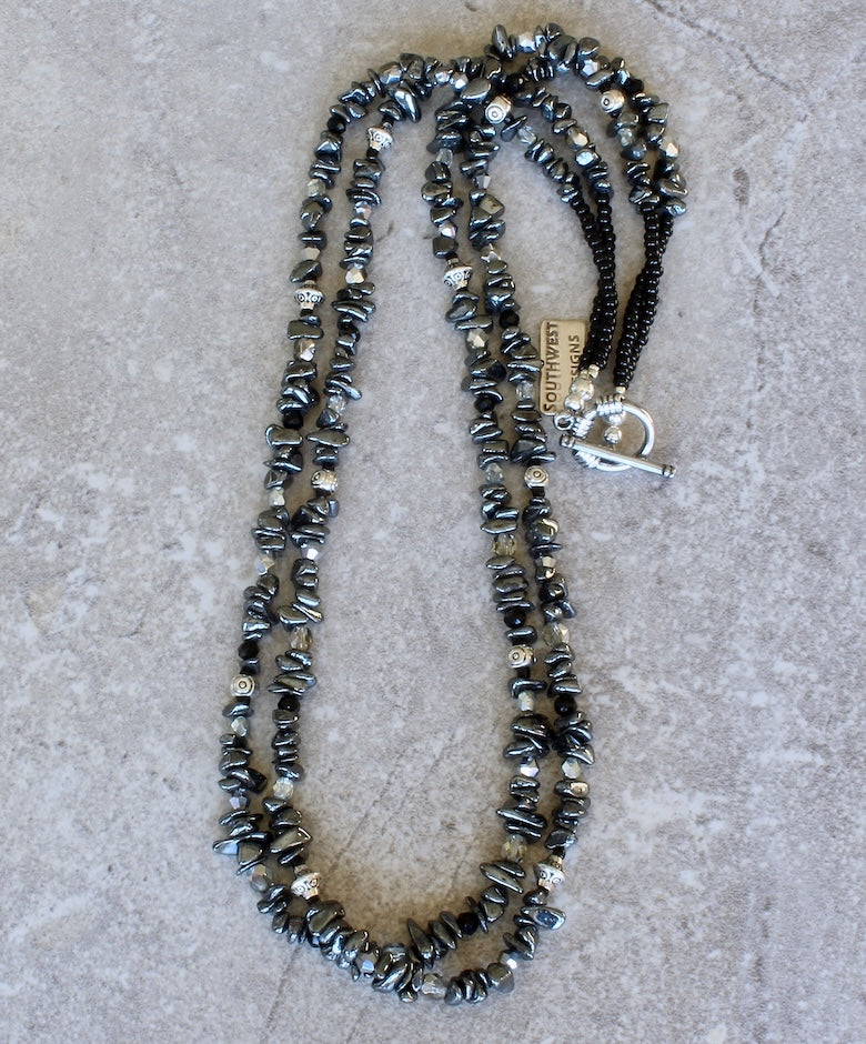Hematite Polished Chip 2-Strand Necklace with Czech Glass and Sterling Silver