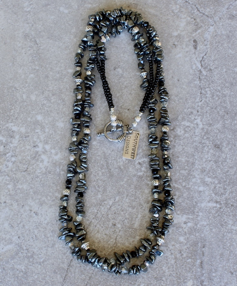 Hematite Polished Chip 2-Strand Necklace with Czech Glass and Sterling Silver