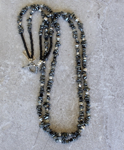 Hematite Polished Chip 2-Strand Necklace with Czech Glass and Sterling Silver