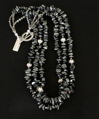 Black Hematite Chip 3-Strand Necklace with Sterling Silver Beads and Toggle Clasp