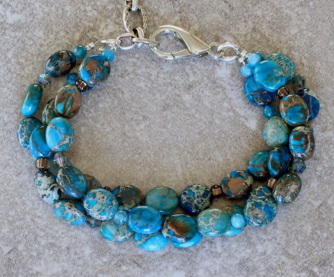 Imperial Jasper Ovals 3-Strand Bracelet with Apatite, Czech Glass, Silver Lobster Clasp and Extension Chain