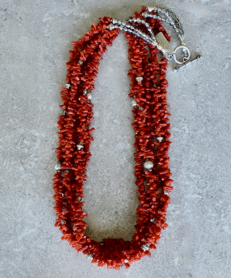 Mediterranean Red Coral Cupolini 5-Strand Necklace with Hill Tribe Silver, Czech Glass and a Sterling Silver Toggle Clasp