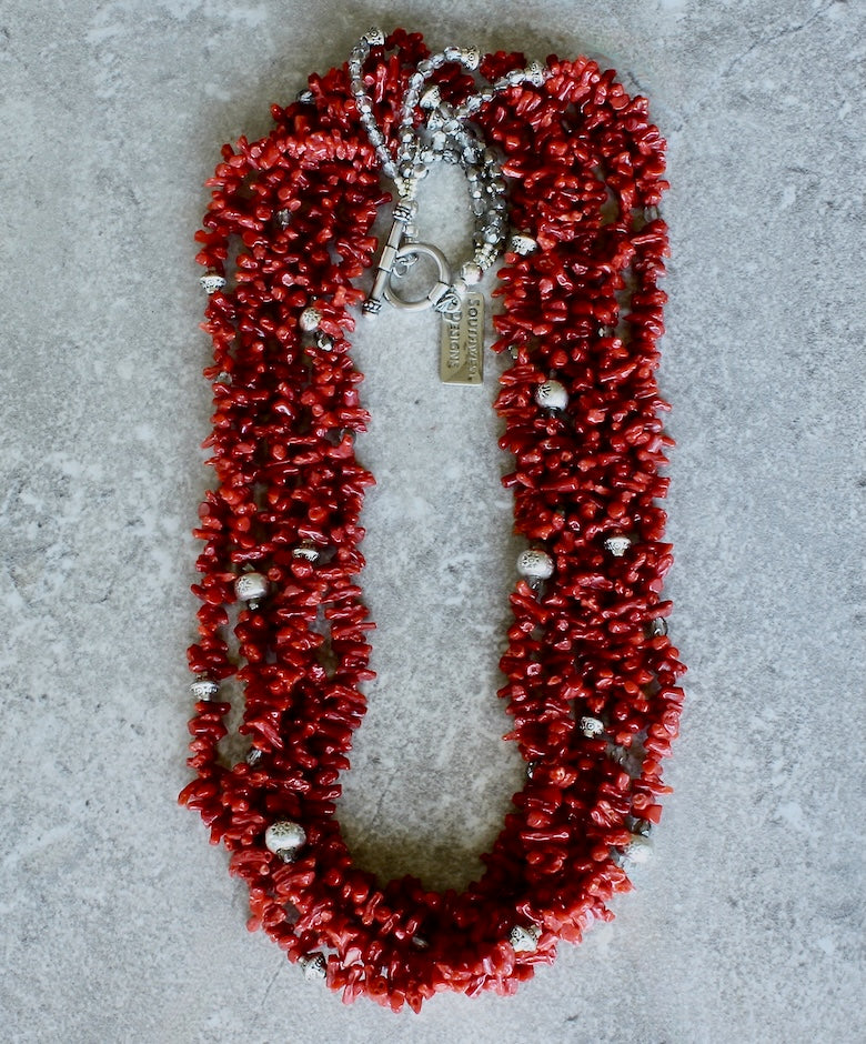 Mediterranean Red Coral Cupolini 5-Strand Necklace with Hill Tribe Silver, Czech Glass and a Sterling Silver Toggle Clasp