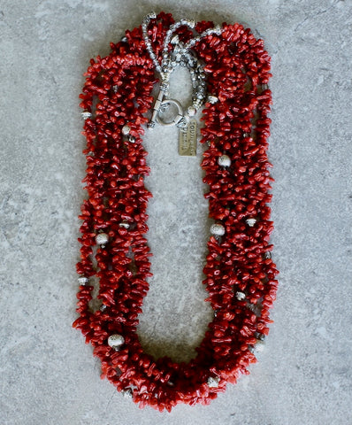 Mediterranean Red Coral Cupolini 5-Strand Necklace with Hill Tribe Silver, Czech Glass and a Sterling Silver Toggle Clasp