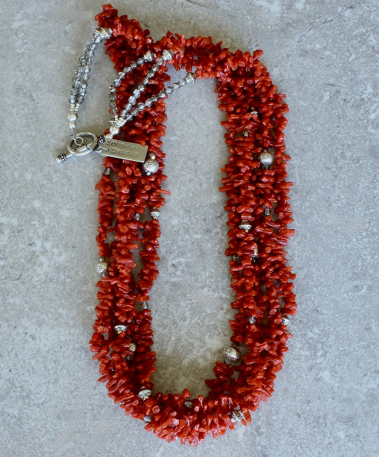 Mediterranean Red Coral Cupolini 5-Strand Necklace with Hill Tribe Silver, Czech Glass and a Sterling Silver Toggle Clasp