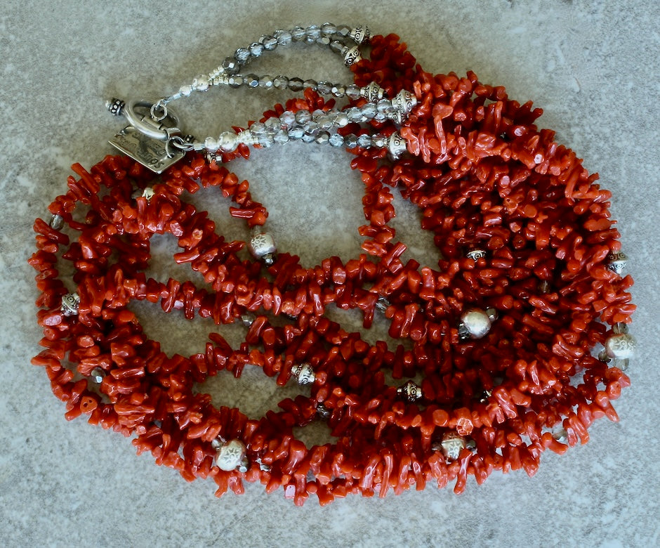 Mediterranean Red Coral Cupolini 5-Strand Necklace with Hill Tribe Silver, Czech Glass and a Sterling Silver Toggle Clasp