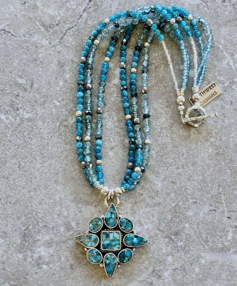 9-Stone Turquoise & Sterling Silver Pendant with 3 Strands of Apatite, Czech Glass and Sterling Silver