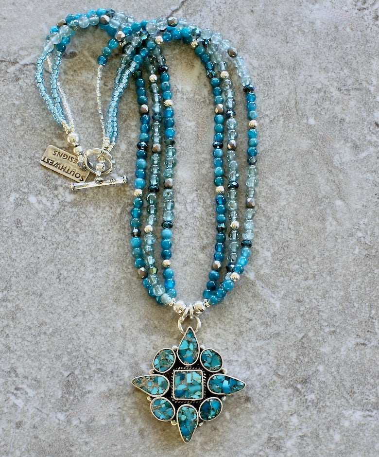 9-Stone Turquoise & Sterling Silver Pendant with 3 Strands of Apatite, Czech Glass and Sterling Silver