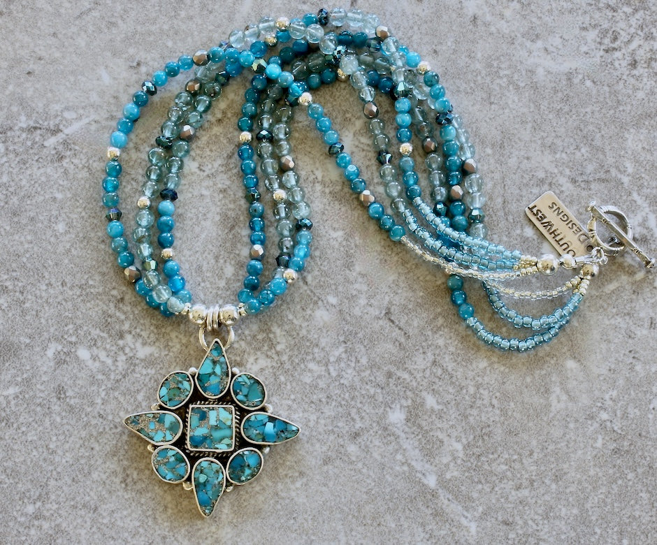 9-Stone Turquoise & Sterling Silver Pendant with 3 Strands of Apatite, Czech Glass and Sterling Silver