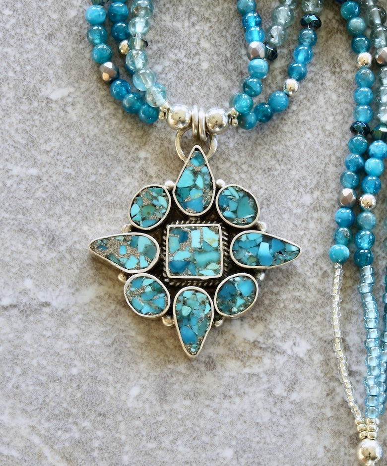 9-Stone Turquoise & Sterling Silver Pendant with 3 Strands of Apatite, Czech Glass and Sterling Silver