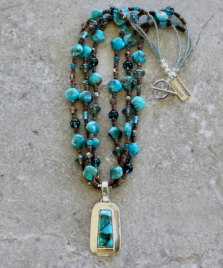 Kingman Turquoise & Sterling Silver Pendant with 3 Strands of Shell Heishi, Czech Glass, Turquoise & Sterling