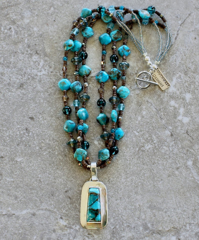 Kingman Turquoise & Sterling Silver Pendant with 3 Strands of Shell Heishi, Czech Glass, Turquoise & Sterling