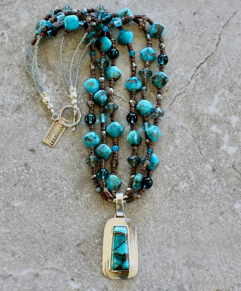 Kingman Turquoise & Sterling Silver Pendant with 3 Strands of Shell Heishi, Czech Glass, Turquoise & Sterling