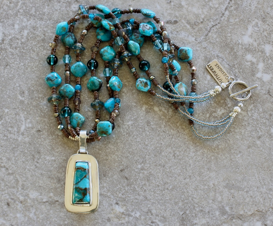 Kingman Turquoise & Sterling Silver Pendant with 3 Strands of Shell Heishi, Czech Glass, Turquoise & Sterling