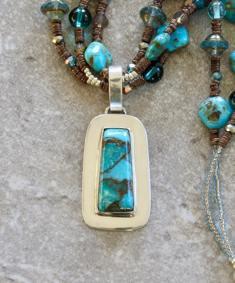 Kingman Turquoise & Sterling Silver Pendant with 3 Strands of Shell Heishi, Czech Glass, Turquoise & Sterling