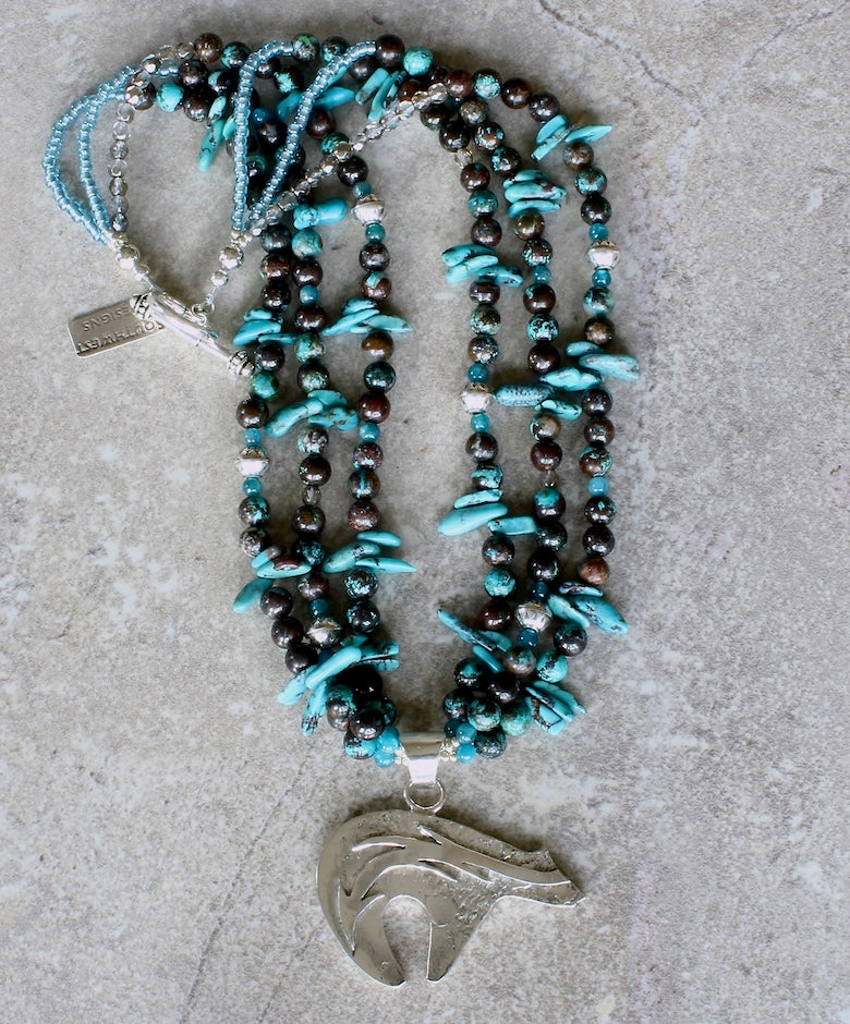 Sterling Silver Navajo Bear Pendant with 3 Strands of Azurite Chrysocolla, Turquoise and Sterling