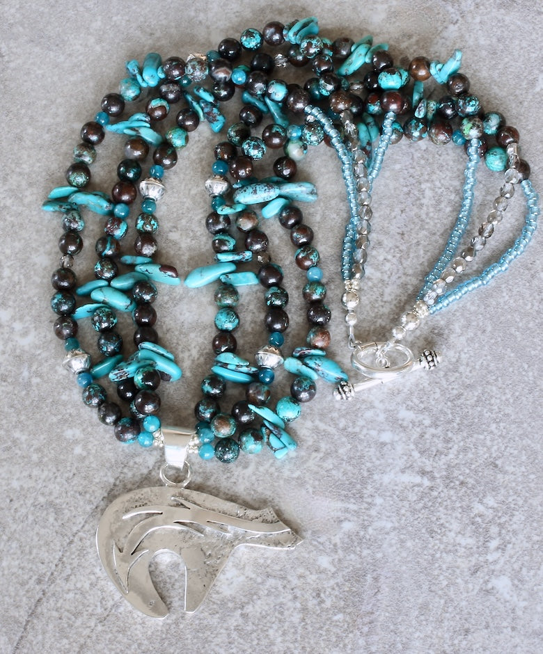 Sterling Silver Navajo Bear Pendant with 3 Strands of Azurite Chrysocolla, Turquoise and Sterling