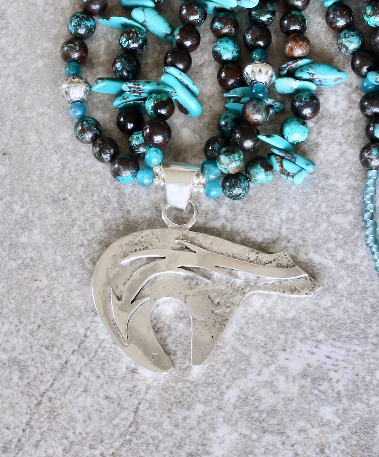 Sterling Silver Navajo Bear Pendant with 3 Strands of Azurite Chrysocolla, Turquoise and Sterling