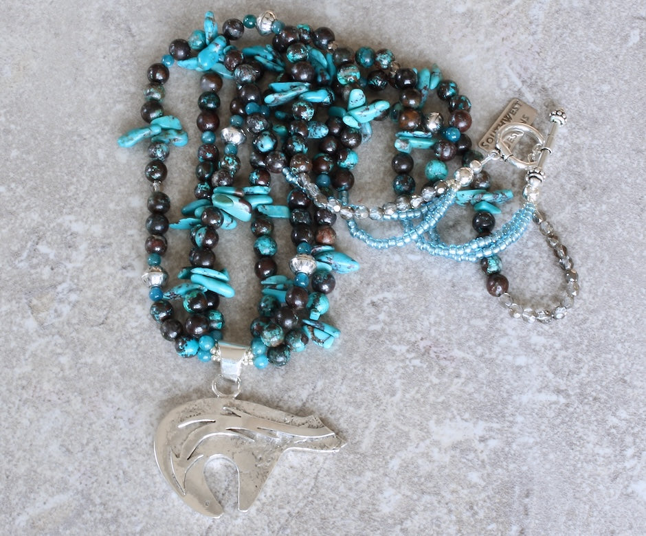 Sterling Silver Navajo Bear Pendant with 3 Strands of Azurite Chrysocolla, Turquoise and Sterling