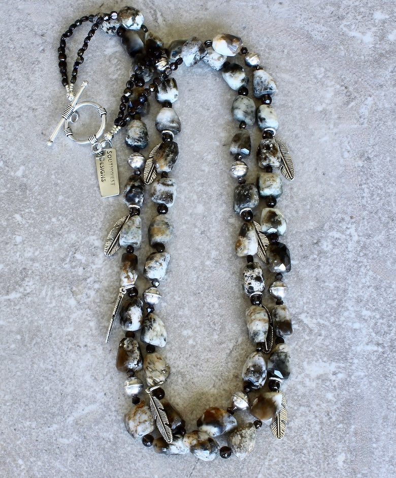 Jasper Tumbled Nugget 2-Strand Necklace with Smoky Quartz, Czech Nailheads, and Sterling Silver Feather Charms, Beads and Toggle Clasp