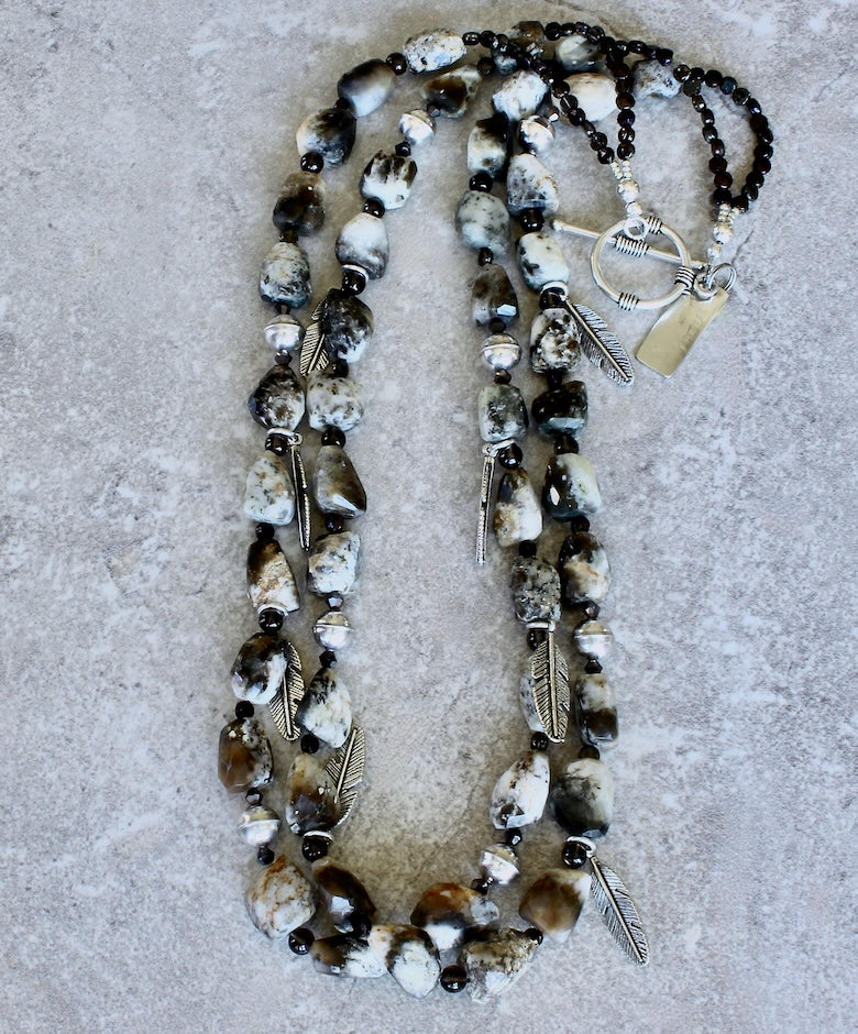 Jasper Tumbled Nugget 2-Strand Necklace with Smoky Quartz, Czech Nailheads, and Sterling Silver Feather Charms, Beads and Toggle Clasp
