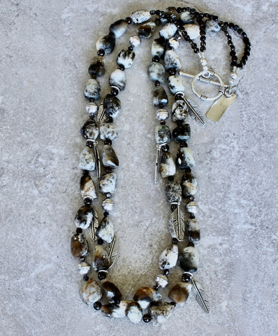 Jasper Tumbled Nugget 2-Strand Necklace with Smoky Quartz, Czech Nailheads, and Sterling Silver Feather Charms, Beads and Toggle Clasp