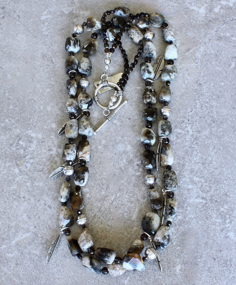 Jasper Tumbled Nugget 2-Strand Necklace with Smoky Quartz, Czech Nailheads, and Sterling Silver Feather Charms, Beads and Toggle Clasp