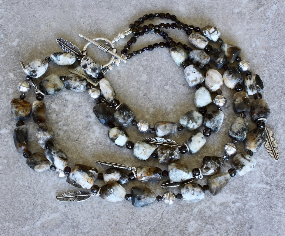 Jasper Tumbled Nugget 2-Strand Necklace with Smoky Quartz, Czech Nailheads, and Sterling Silver Feather Charms, Beads and Toggle Clasp