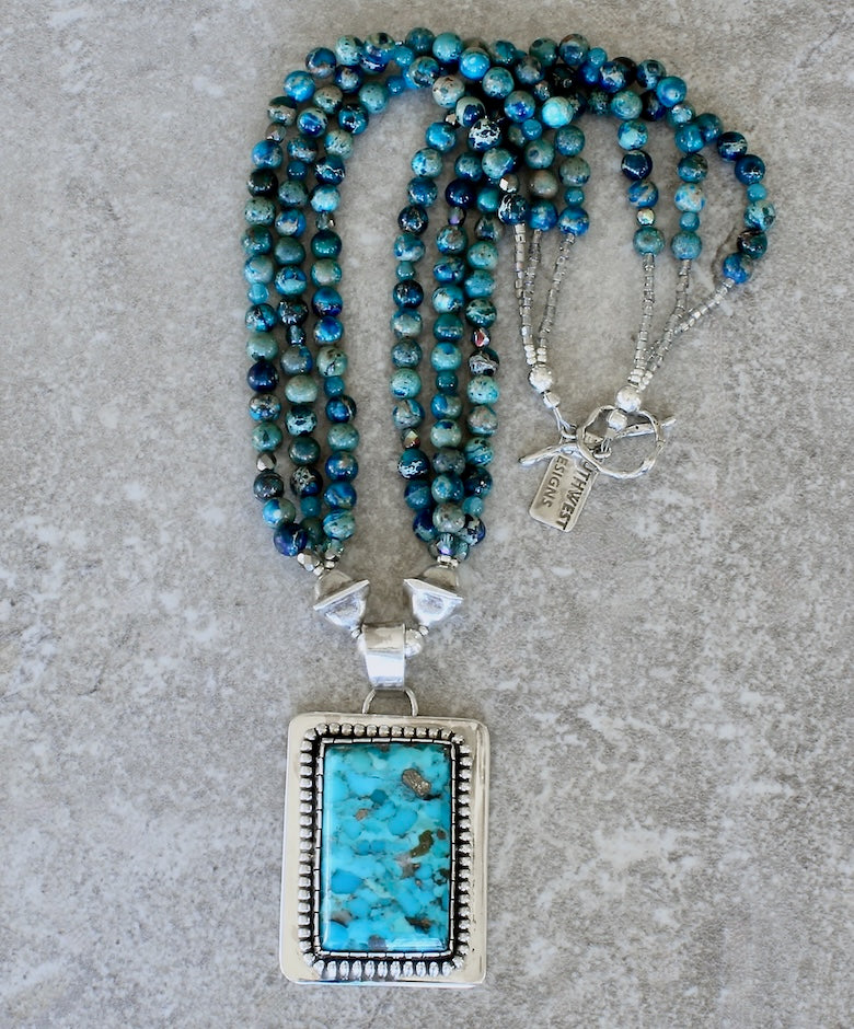 Kingman Turquoise and Sterling Silver Pendant with 3 Strands of Blue Sea Sediment Jasper Rounds, and Sterling Silver Beads and Toggle Clasp