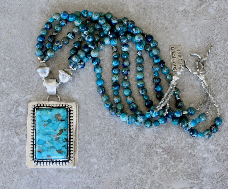 Kingman Turquoise and Sterling Silver Pendant with 3 Strands of Blue Sea Sediment Jasper Rounds, and Sterling Silver Beads and Toggle Clasp